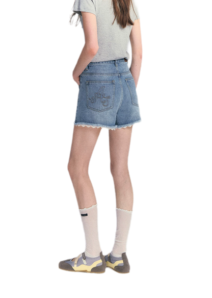 Lace Trim Washed Denim Shorts