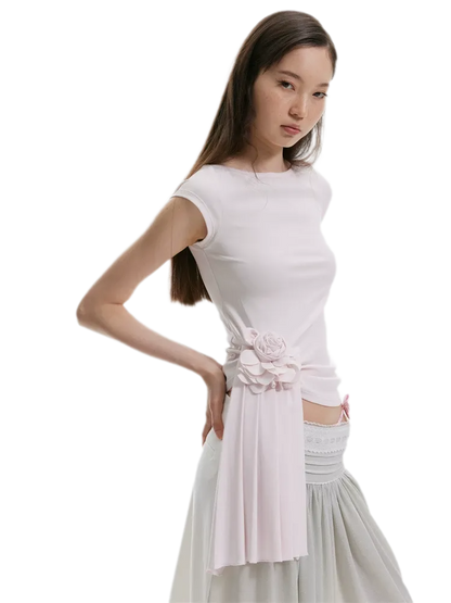 Asymmetric Flower Short Sleeve Top