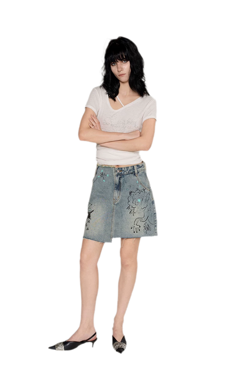Washed Graffiti A-Line Denim Skirt