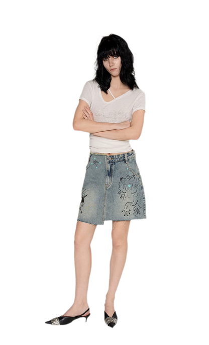 Washed Graffiti A-Line Denim Skirt