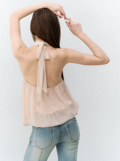 Sleeveless Chiffon Tie-Neck Waist Shirt