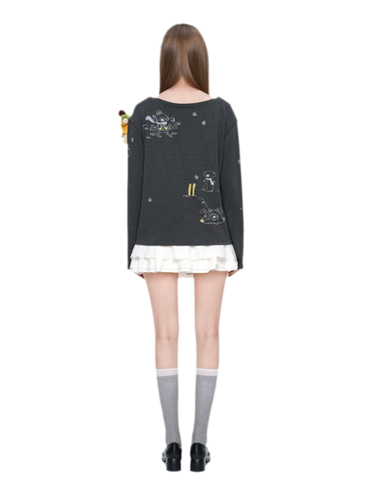 Graphic Off-Shoulder Long-Sleeve T-Shirt