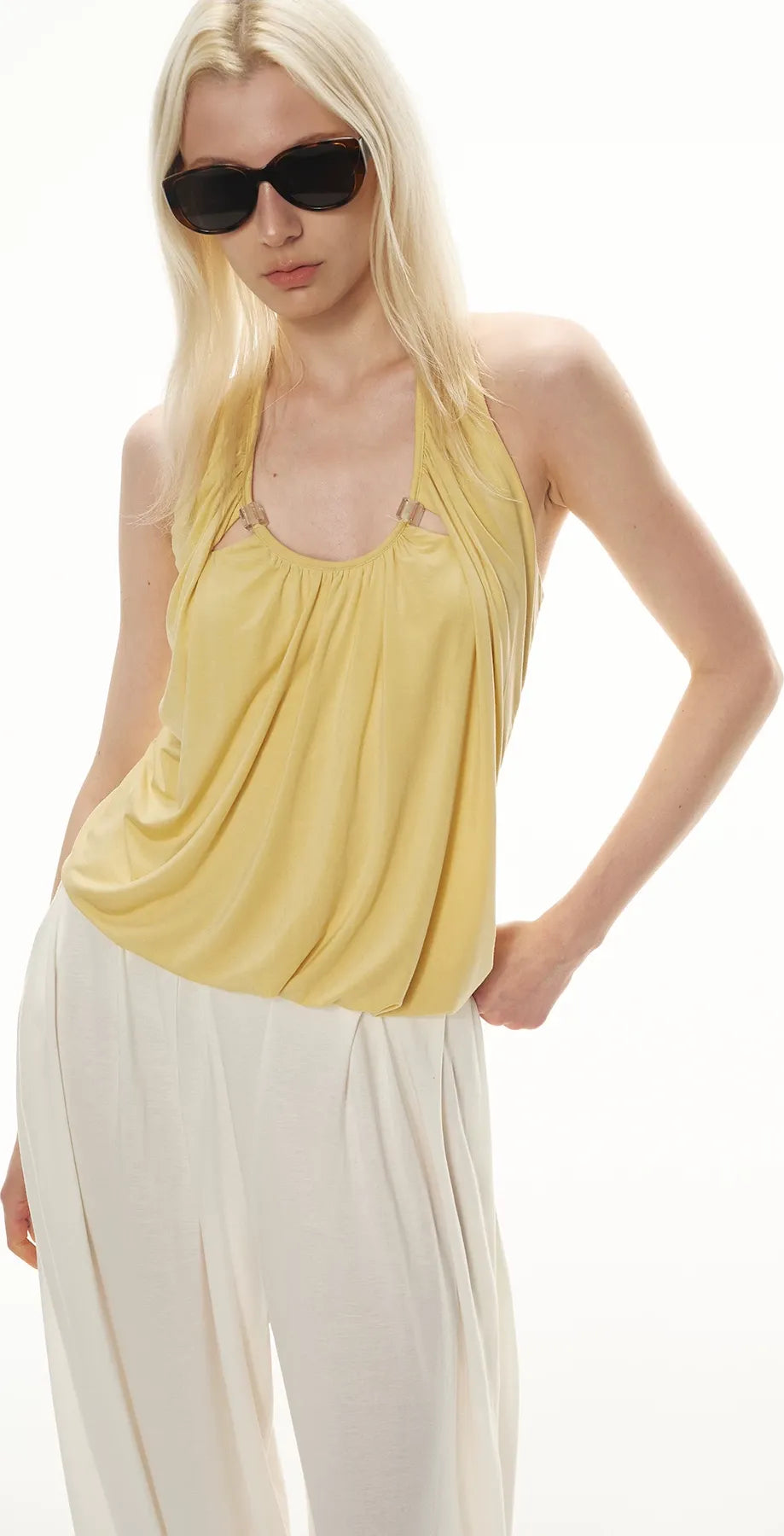 Modal Draped Halter Top with Pearl Neckline
