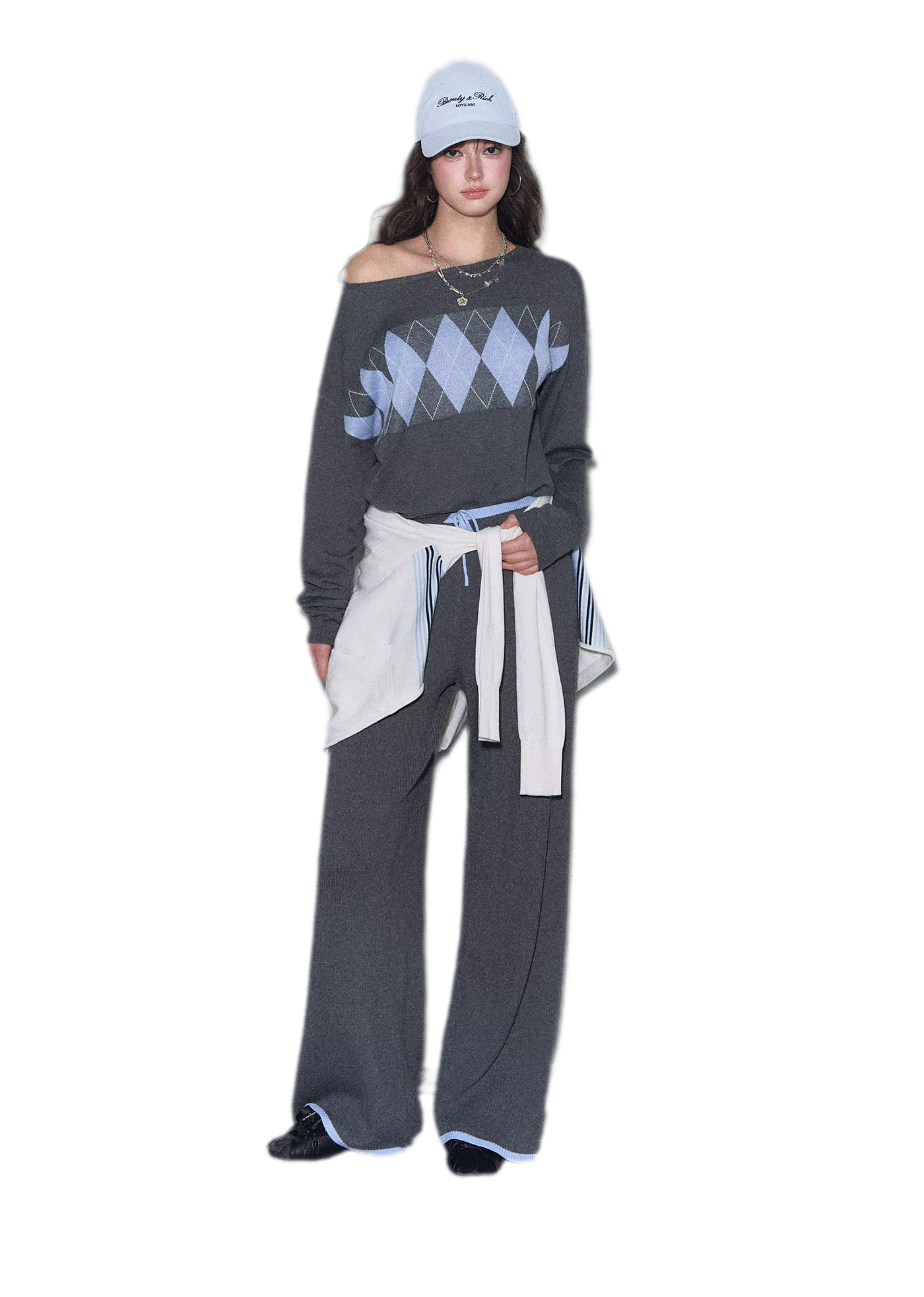 Argyle Off-Shoulder Knit Set