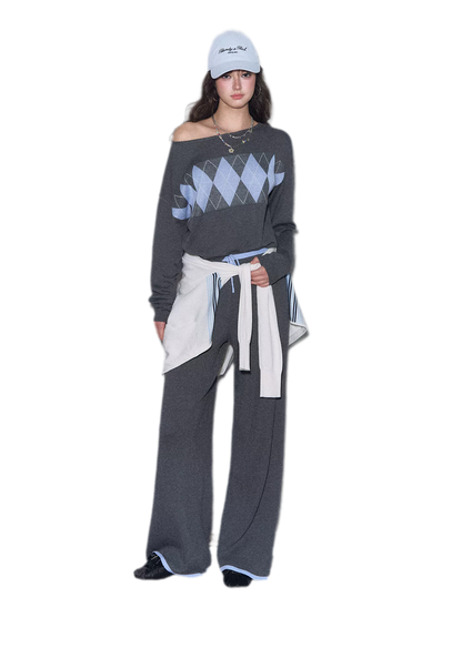 Argyle Off-Shoulder Knit Set