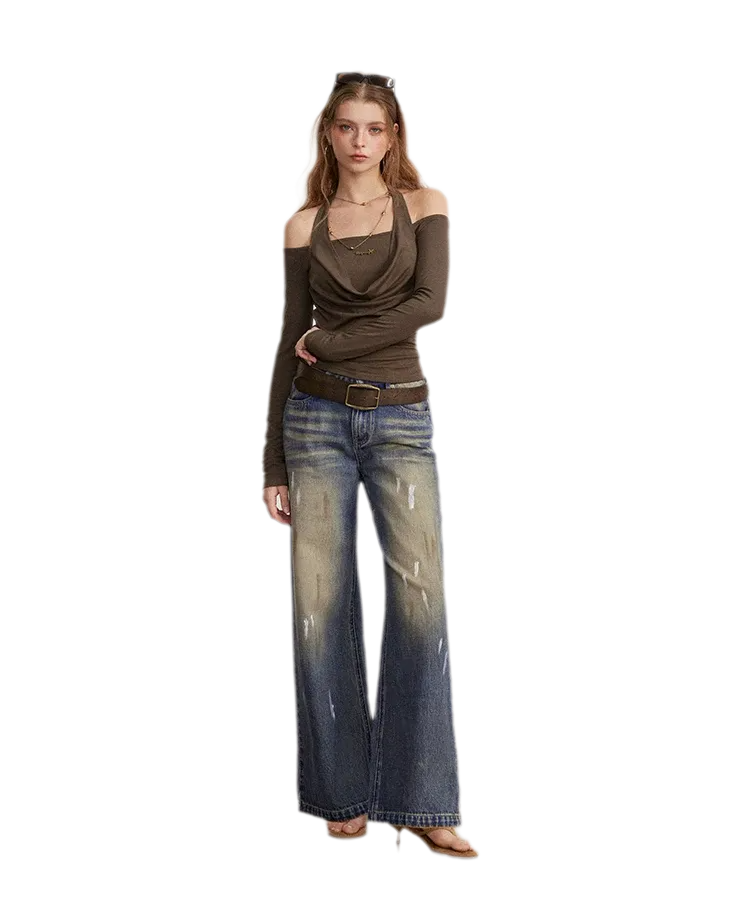 Washed Paint-Splatter Wide-Leg Jeans