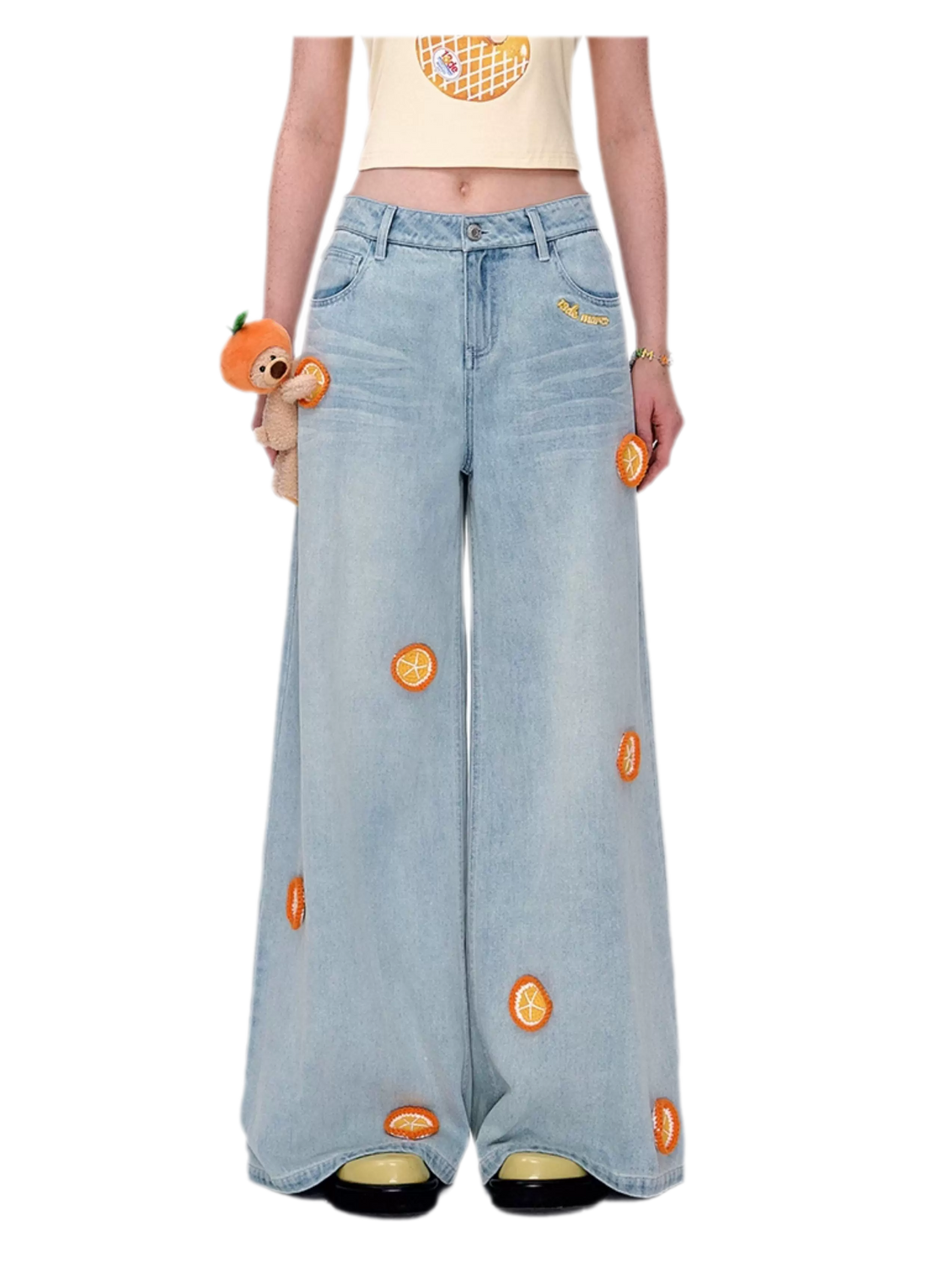Fruit Embroidered Wide-Leg Pants