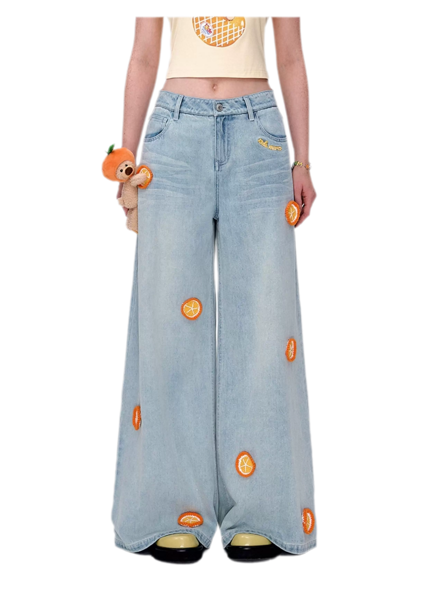 Fruit Embroidered Wide-Leg Pants