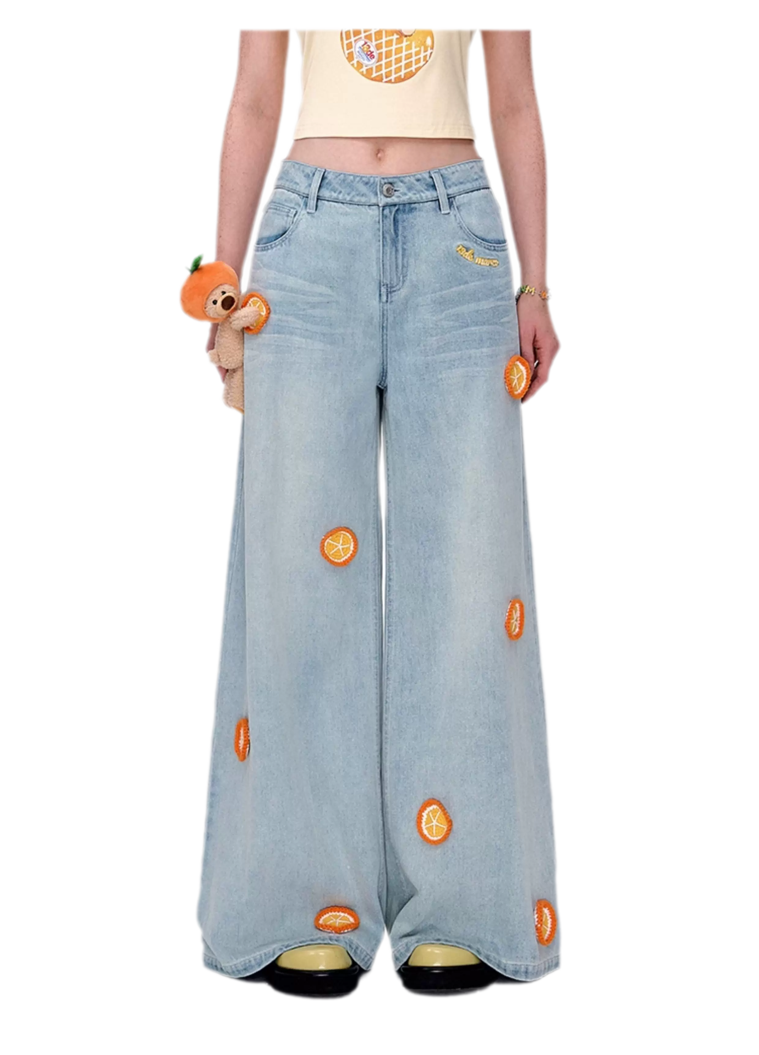 Fruit Embroidered Wide-Leg Pants