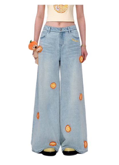 Fruit Embroidered Wide-Leg Pants