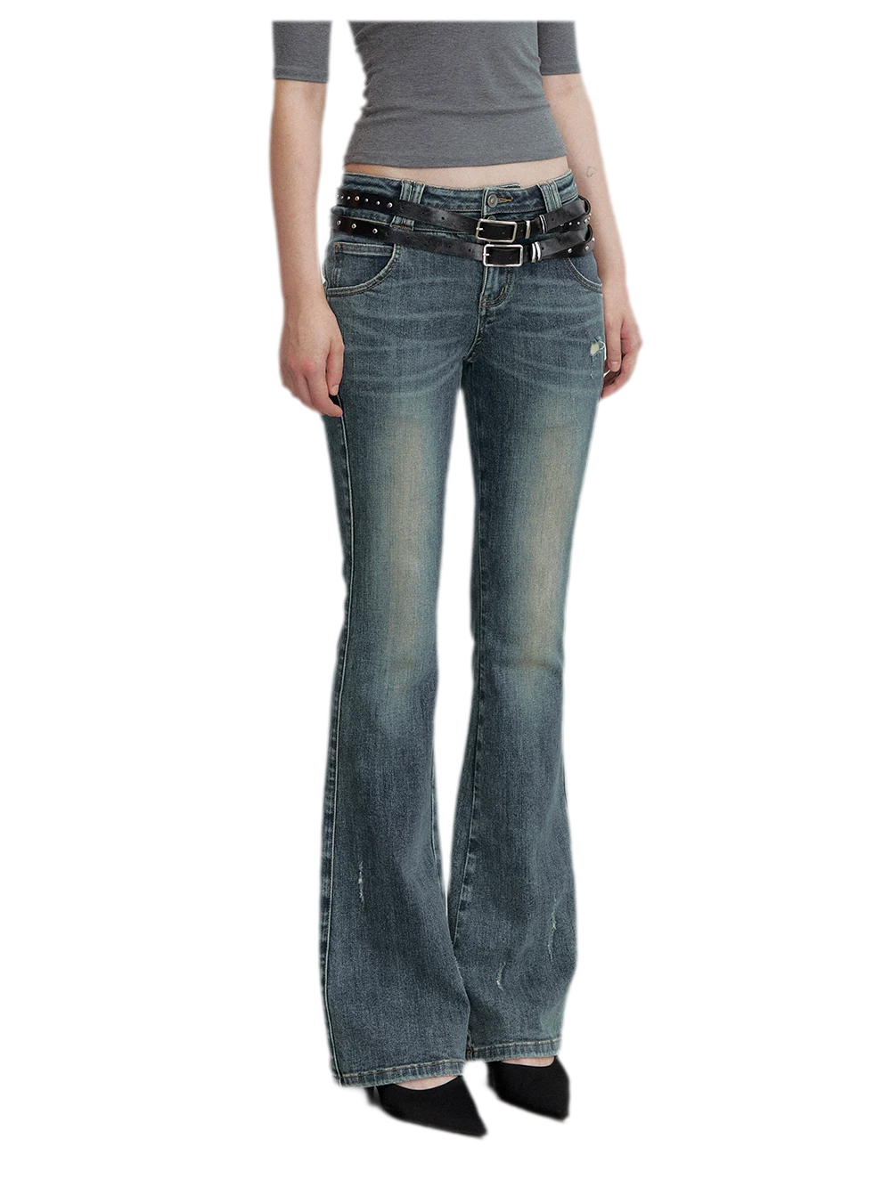 Washed Whisker Flared Jeans