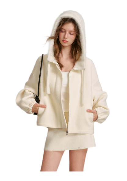 Manteau à capuche en laine double face