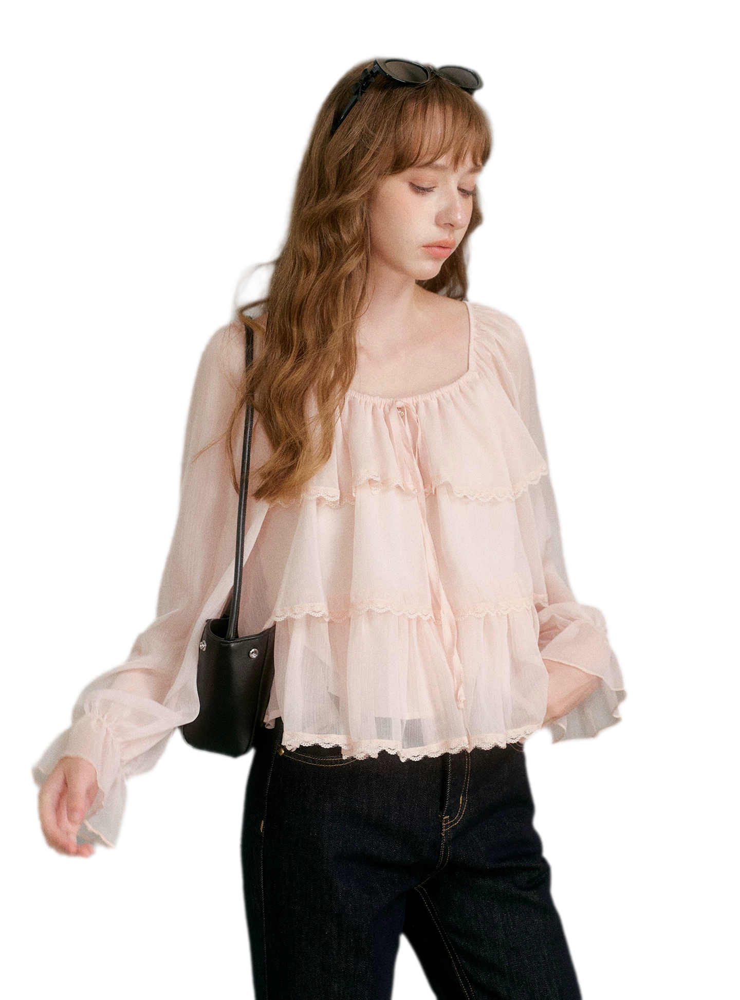 Chiffon Ruffle Lantern Sleeve Blouse