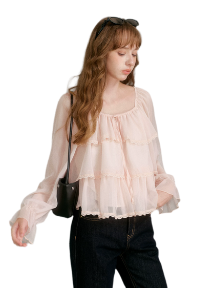 Chiffon Ruffle Lantern Sleeve Blouse