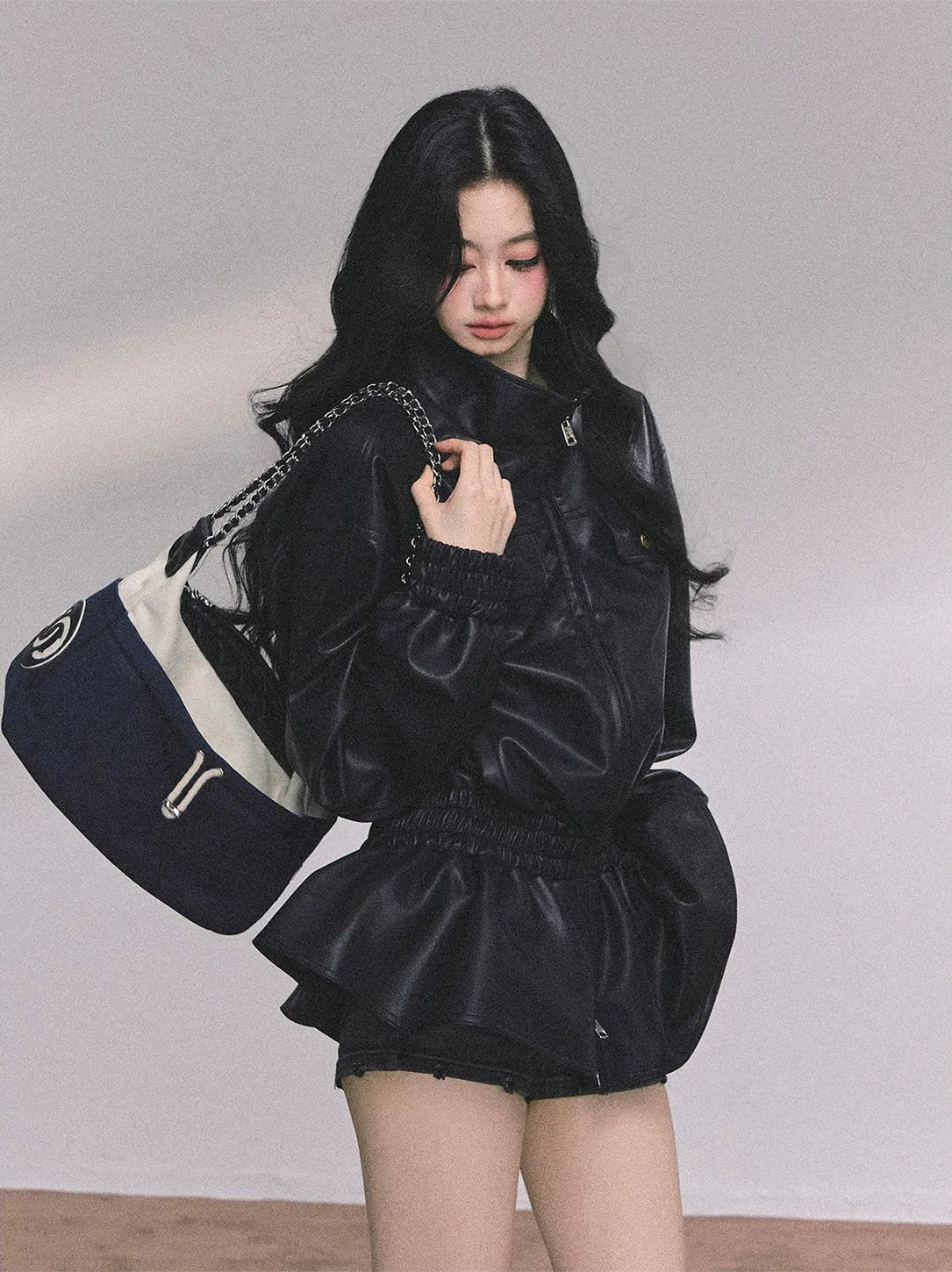Faux Leather Stand Collar Jacket