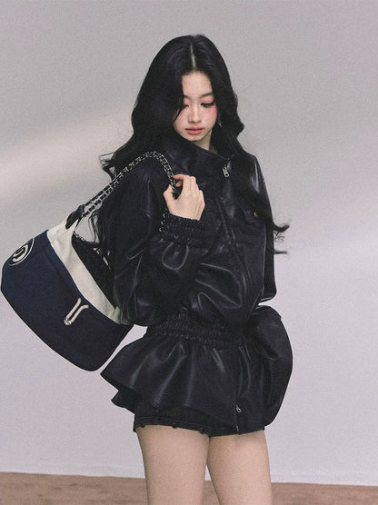 Faux Leather Stand Collar Jacket