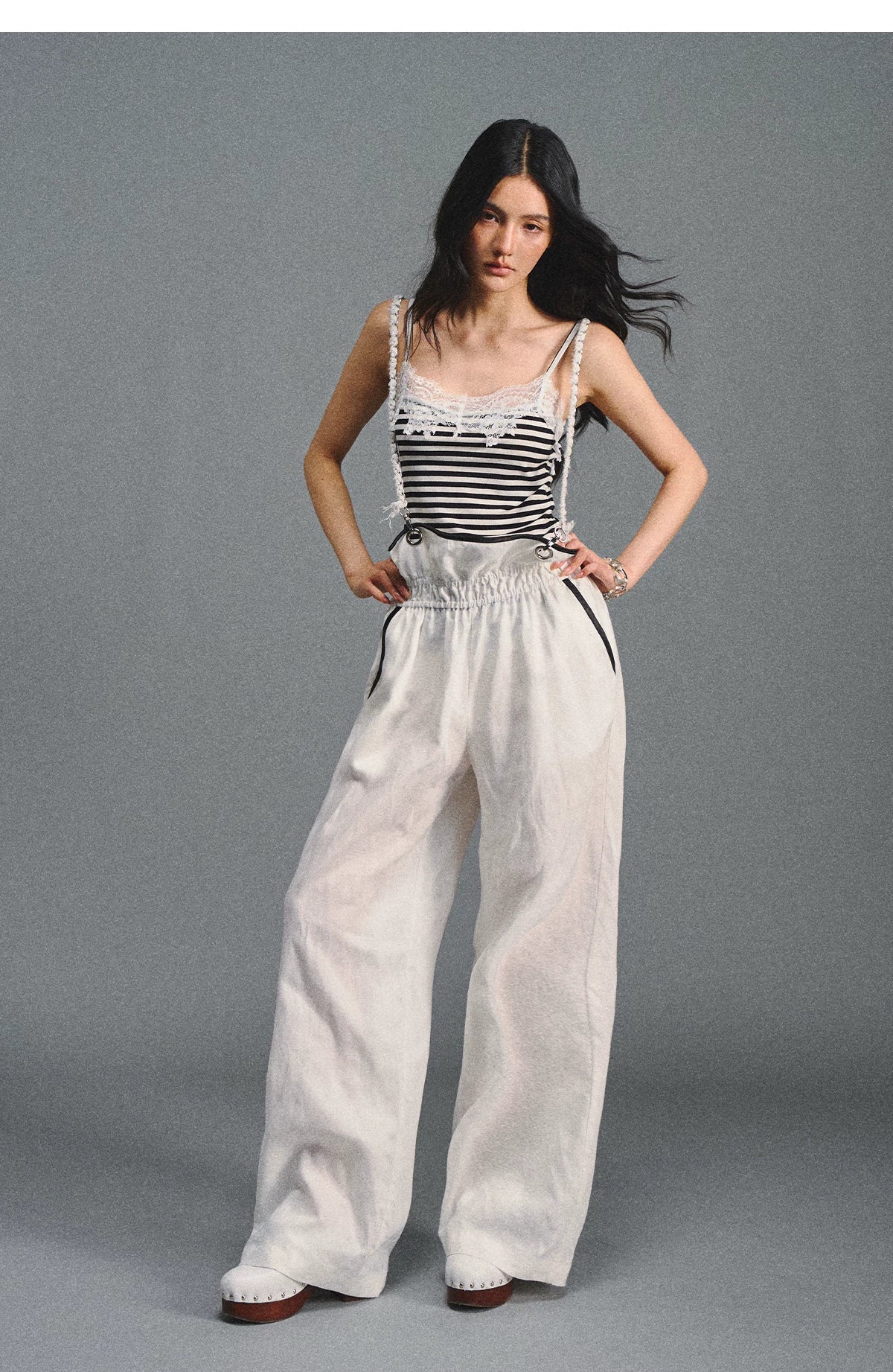 Tencel Linen Contrast Satin Trim Wide-Leg Pants