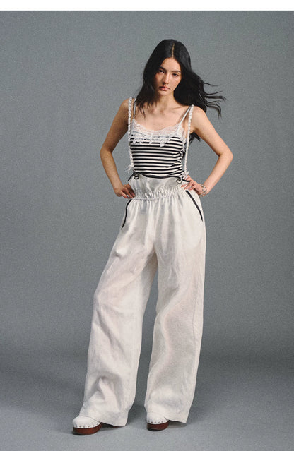 Tencel Linen Contrast Satin Trim Wide-Leg Pants