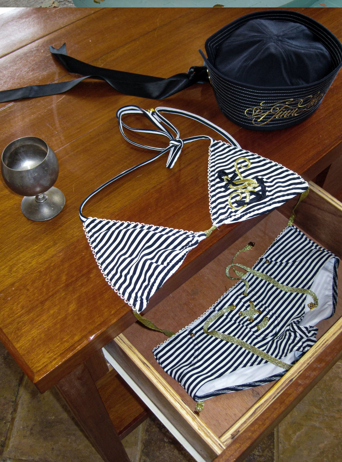 Striped Nautical Anchor Halter Bikini Set
