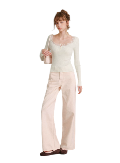 Cotton Lace-Trim Wide-Leg Jeans