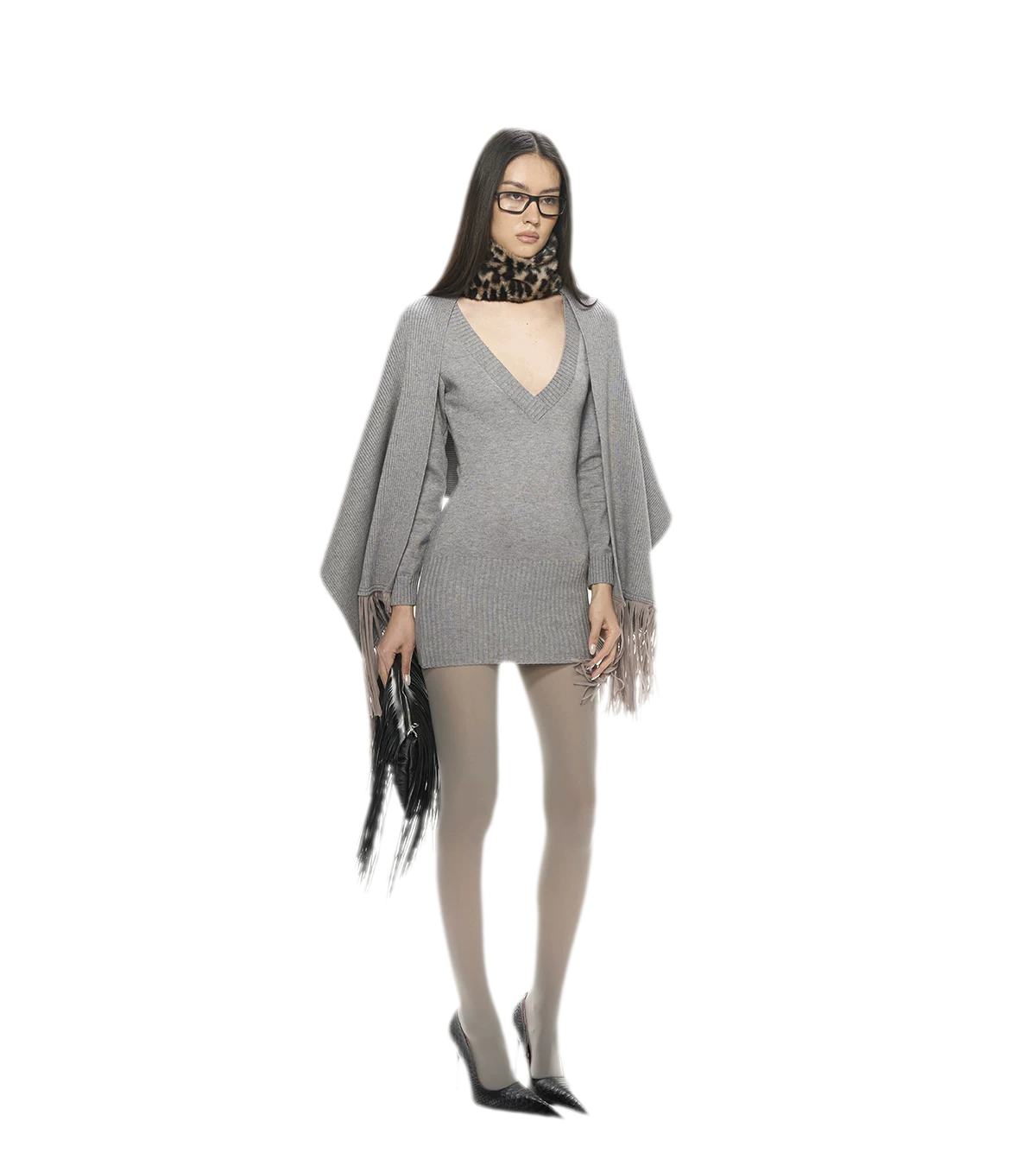 Deep V Fringe Knit Dress