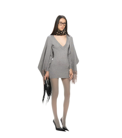 Deep V Fringe Knit Dress