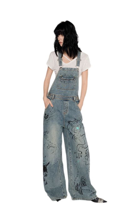 Graffiti Wide-Leg Overalls