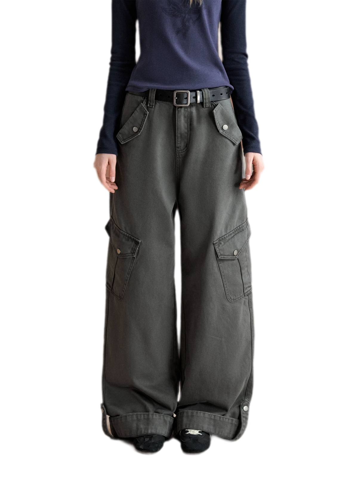 Gewaschene Cargo-Hose aus Baumwolle mit weitem Bein