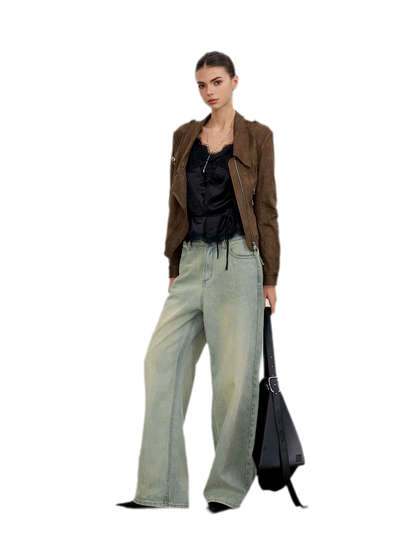 Suede-Effect Asymmetric Cropped Jacket