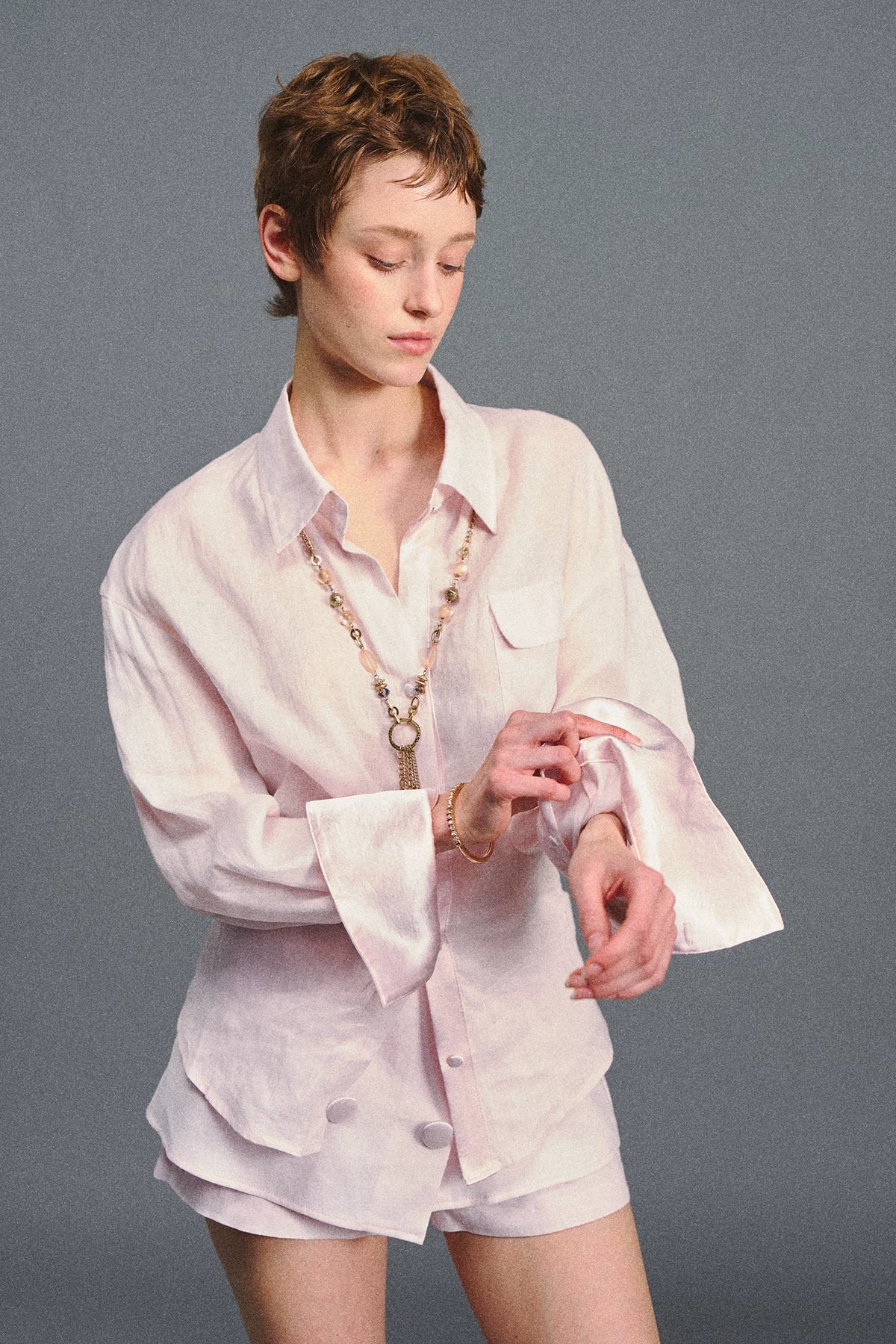Linen Satin Waist-Cinched Shirt &amp; Skirt Set
