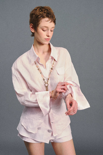 Linen Satin Waist-Cinched Shirt &amp; Skirt Set