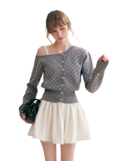 Polka Dot Slanted Shoulder Cardigan