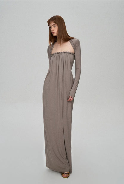 Sculptural 93% Lyocell Pleated Long Dress