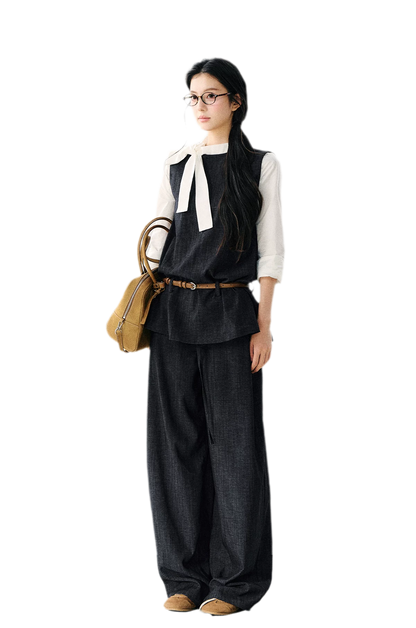 Contrast Ribbon Denim Blouse