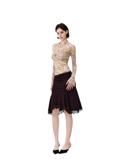 Deer Print Lace Mesh Top