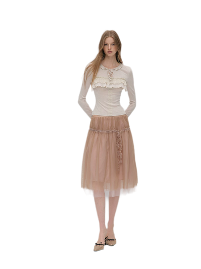Wool Blend Lace Tie T-Shirt