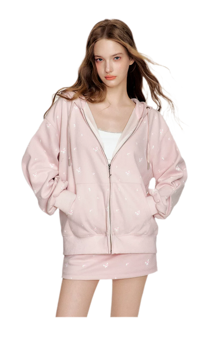Cotton Rose Print Hooded Set