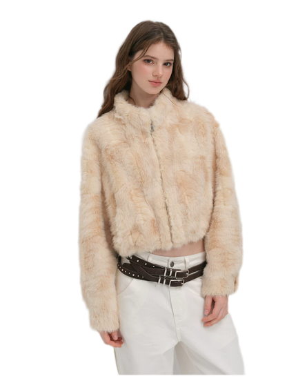 Embossed Cropped Faux Fur Jacket