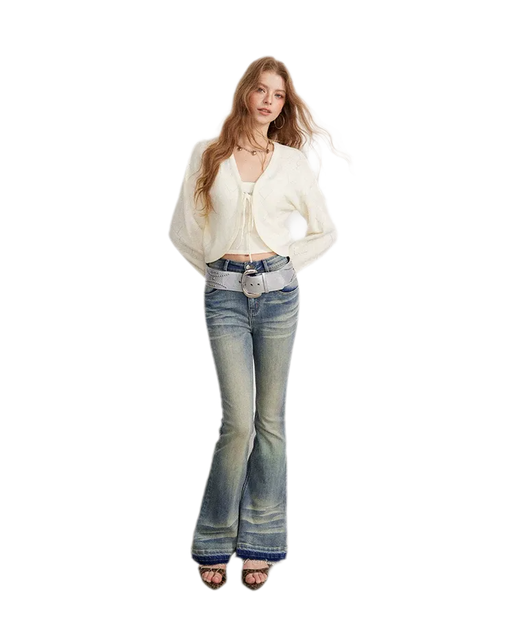 Washed Micro-Flare Contrast-Hem Jeans