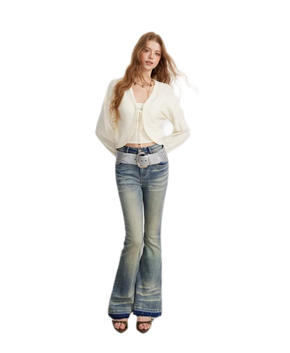 Washed Micro-Flare Contrast-Hem Jeans