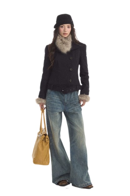 Detachable Fur Collar Twill Coat