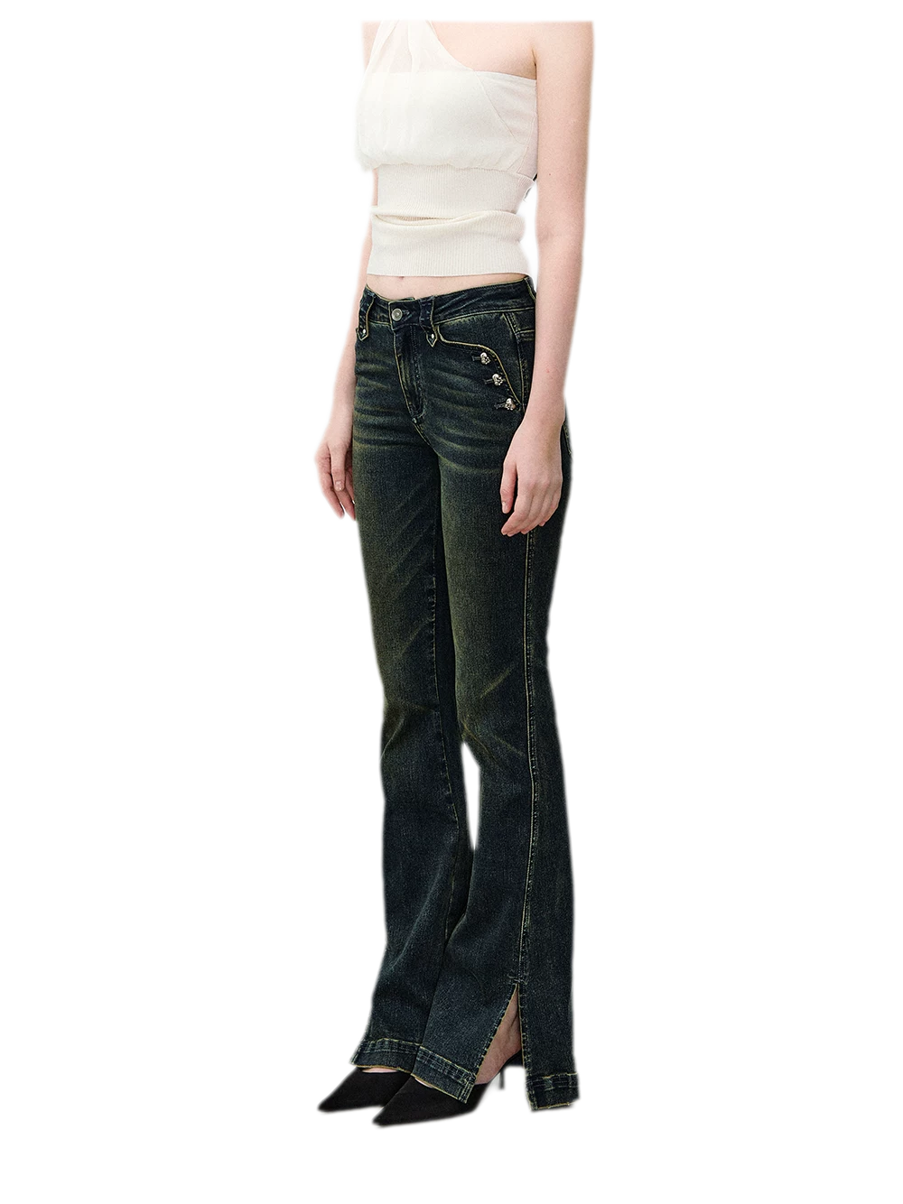 Washed Slit Flare Jeans