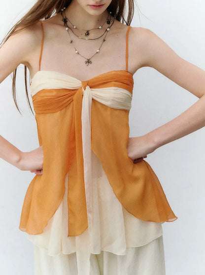Color Catcher Irregular Contrast Pleated Chiffon Camisole