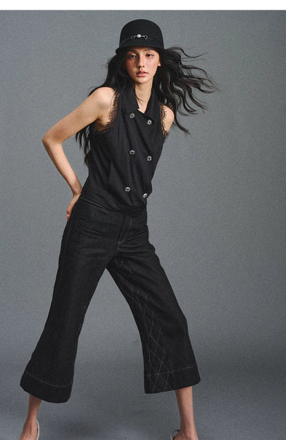 Retro Flare Cropped Jeans with Wide Waistband