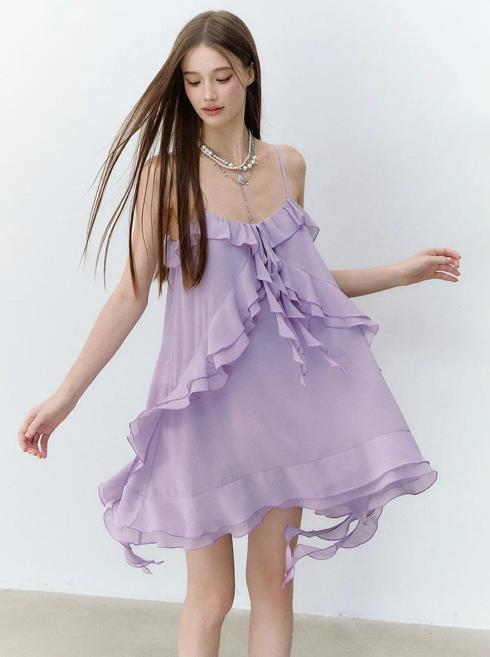 Lavender Purple Chiffon Ruffle Summer Dress Taro Purple / S
