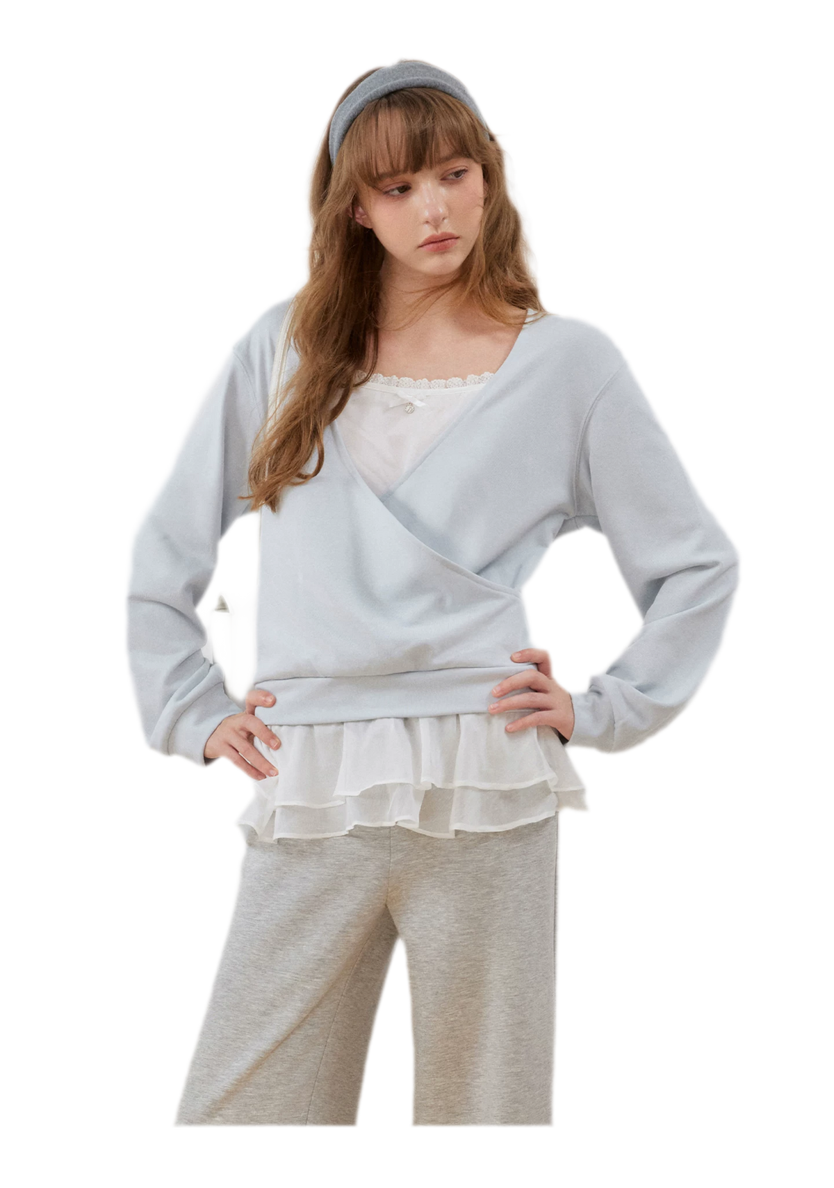 Sweatshirt met kanten ruches en V-hals