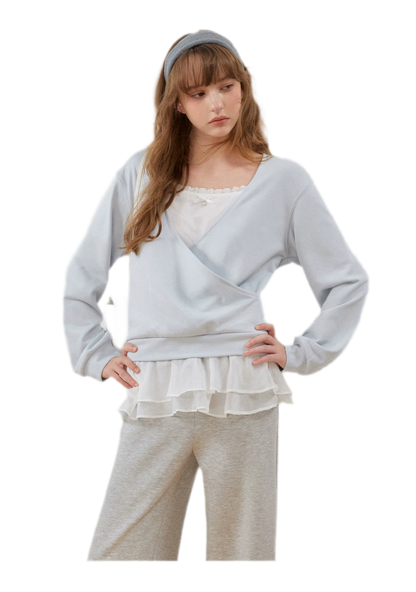 Sweatshirt met kanten ruches en V-hals