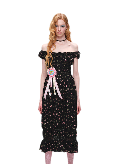 Long Floral Lace Chiffon Dress