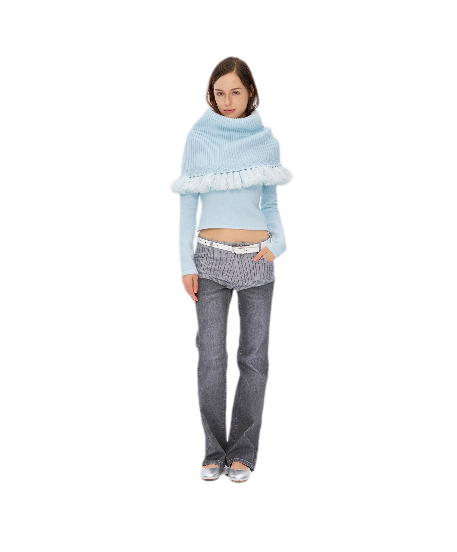 Fringed Ribbed Turtleneck Knit Top