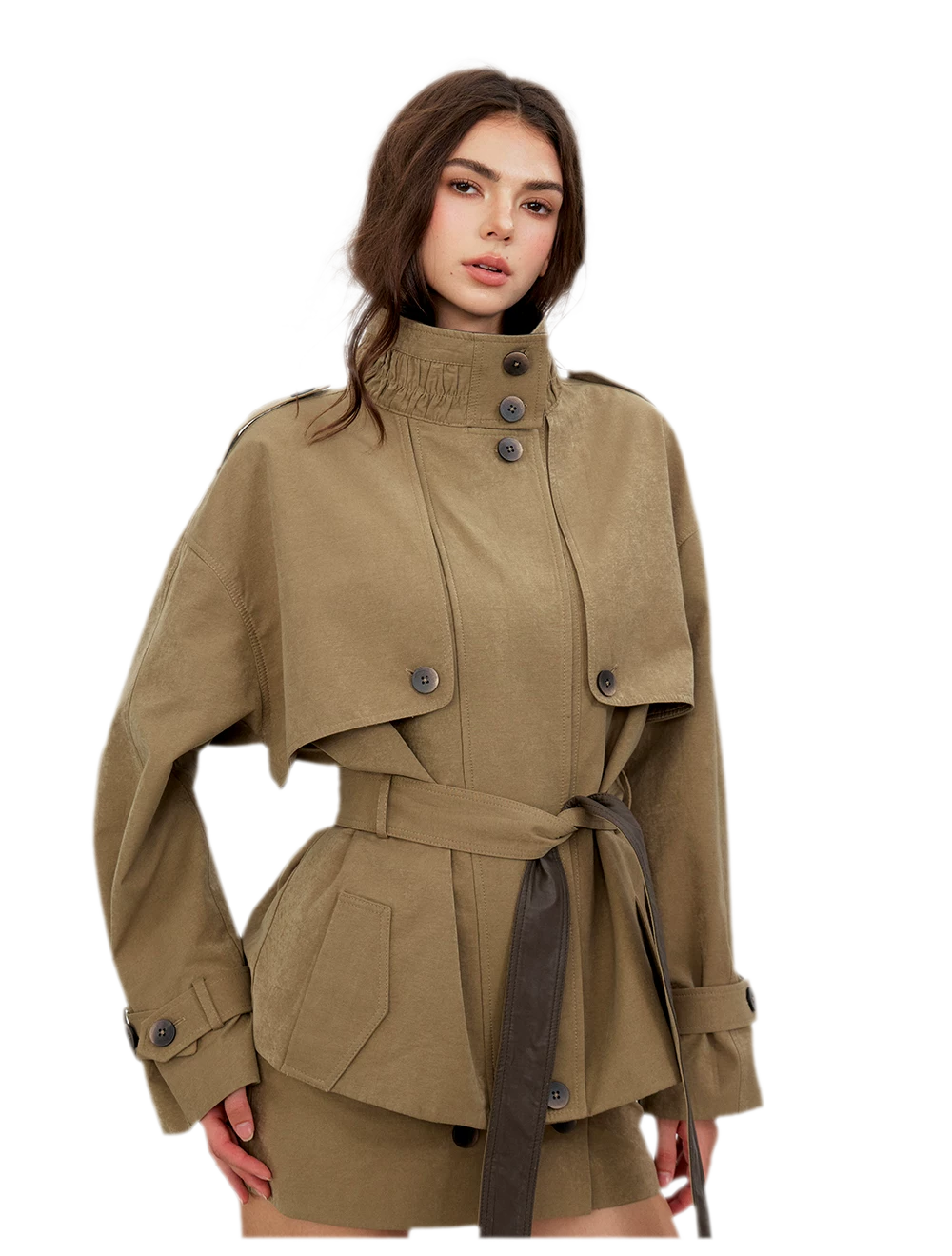Pleated Stand-Collar Utility Jacket